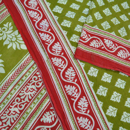 Indian Vintage Sari Green & White Printed Pure Cotton Saree Craft Fabric 5Yd Soft Sewing Sarong Wrap Boho Geometric Upcycle used Quilting