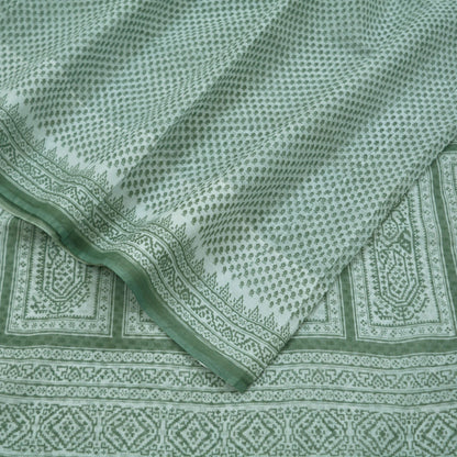 Indian Vintage Sari Green & White Printed Pure Cotton Saree Craft Fabric 5Yd Soft Sewing Sarong Wrap Boho Geometric Upcycle used Quilting