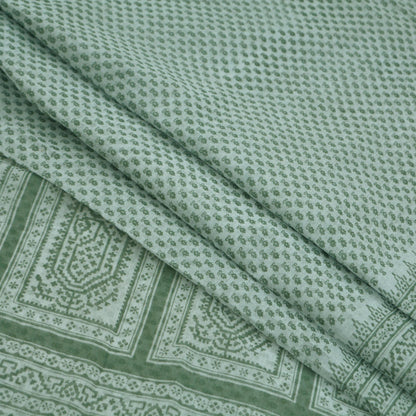 Indian Vintage Sari Green & White Printed Pure Cotton Saree Craft Fabric 5Yd Soft Sewing Sarong Wrap Boho Geometric Upcycle used Quilting