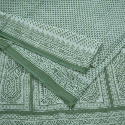 Indian Vintage Sari Green & White Printed Pure Cotton Saree Craft Fabric 5Yd Soft Sewing Sarong Wrap Boho Geometric Upcycle used Quilting