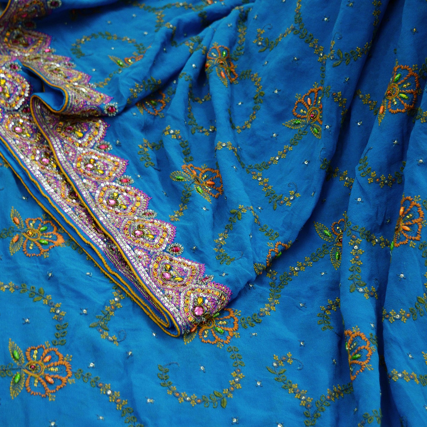 Indian Vintage Heavy Sari Blue Pure Georgette Silk Hand Beaded Sarees Craft Fabric 5Yd Sewing Dress Making Ethnic Wedding Sarees Crafting