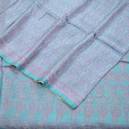 Indian Vintage Sari Blue Heavy Pure Satin Silk Hand Woven Tanchoi Sarees Ethnic Wear 5Yd Paisley Craft Fabric Dress Making Crafting