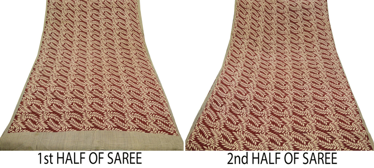 Indian Vintage Beige & Maroon Saree Pure Crepe Silk Printed Sari Craft Fabric 5yd Sewing Floral Soft Wrap Dress Making Crafting