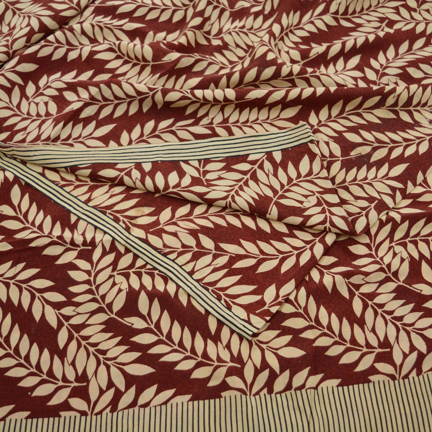 Indian Vintage Beige & Maroon Saree Pure Crepe Silk Printed Sari Craft Fabric 5yd Sewing Floral Soft Wrap Dress Making Crafting