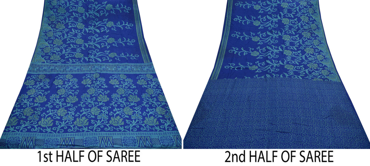 Indian Vintage Sari Blue Printed Sari Pure Silk Saree Craft Fabric Sewing 6yd Floral Soft Floral Wrap Sarong Dress making Crafting Quilting