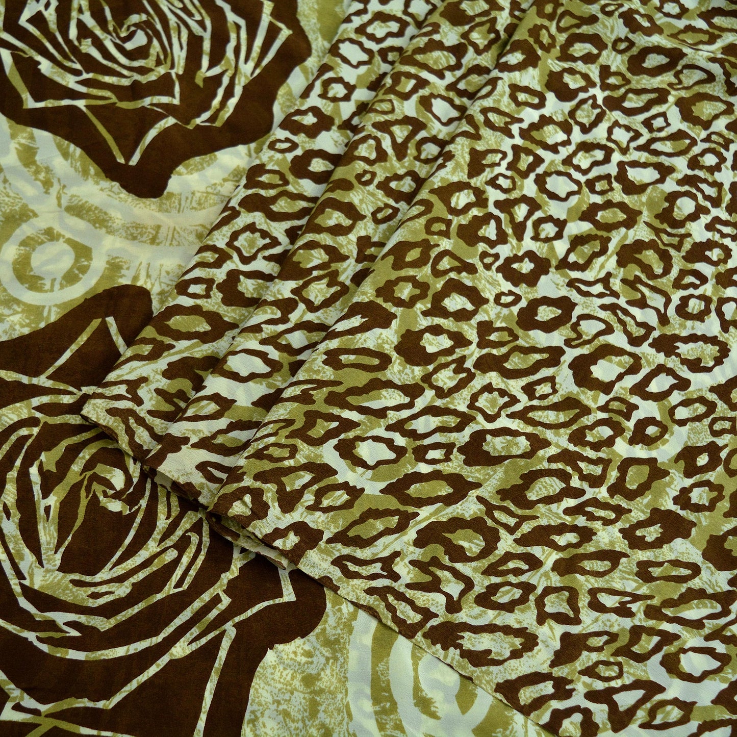 Indian Vintage Sari Ivory & Brown Pure Crepe Silk Printed Sarees 5yd Sewing Abstract Soft Craft Fabric Wrap quilting Crafting Dress making