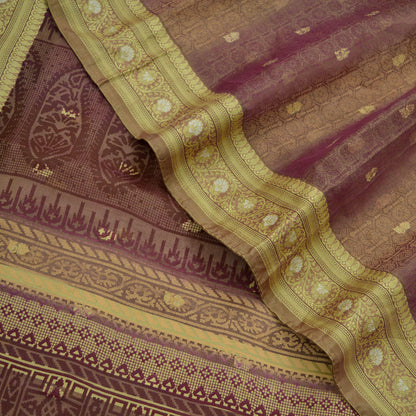 Indian Vintage Sari Beige & maroon Hand Woven 100% Pure Organza Silk Saree Craft Fabric 5Yd Dress Making Crafting Quilting Upcycle Fringes