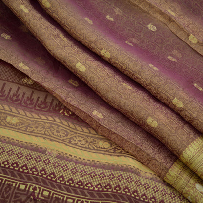 Indian Vintage Sari Beige & maroon Hand Woven 100% Pure Organza Silk Saree Craft Fabric 5Yd Dress Making Crafting Quilting Upcycle Fringes