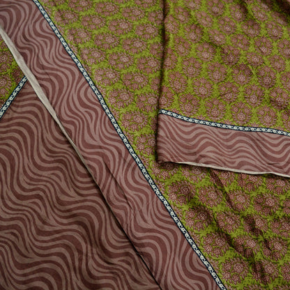 Indian Vintage Sari Brown & Green 100% Pure Silk Printed Sarees Craft Fabric 6yd Sewing Dress Making Soft Wrap Crafting Quilting