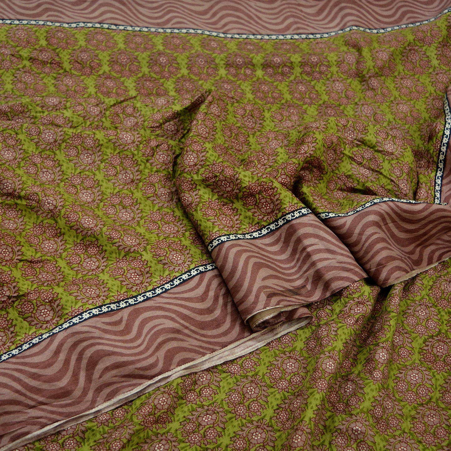 Indian Vintage Sari Brown & Green 100% Pure Silk Printed Sarees Craft Fabric 6yd Sewing Dress Making Soft Wrap Crafting Quilting