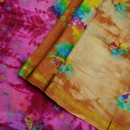 Indian Vintage Sari Multi Pure Silk Bandhani Tie Dye Printed Sarees Craft Fabric 6yd Zari Border Sewing Traditional Culture Sari Ethnic