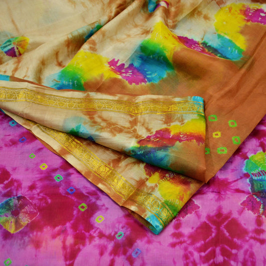 Indian Vintage Sari Multi Pure Silk Bandhani Tie Dye Printed Sarees Craft Fabric 6yd Zari Border Sewing Traditional Culture Sari Ethnic