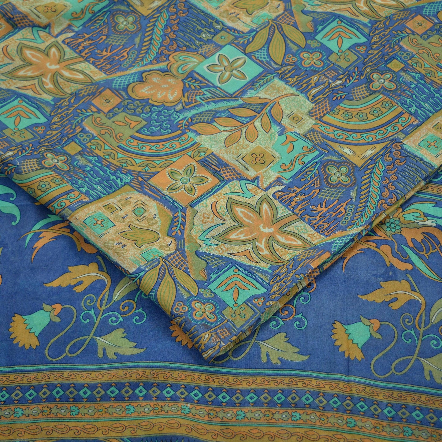 Indian Vintage Sari Beige & Blue Pure Silk Printed Sarees Craft Fabric 6yd Sewing Dress Making Soft Floral Crafting Quilting Upcycle