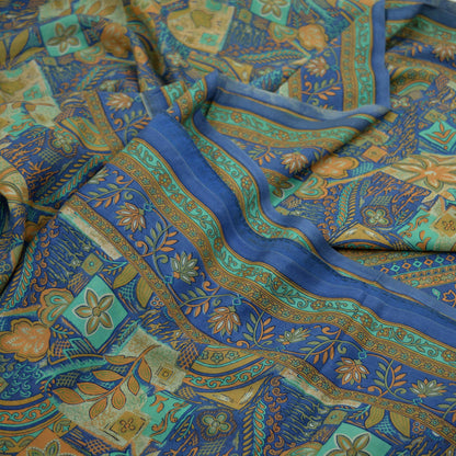 Indian Vintage Sari Beige & Blue Pure Silk Printed Sarees Craft Fabric 6yd Sewing Dress Making Soft Floral Crafting Quilting Upcycle