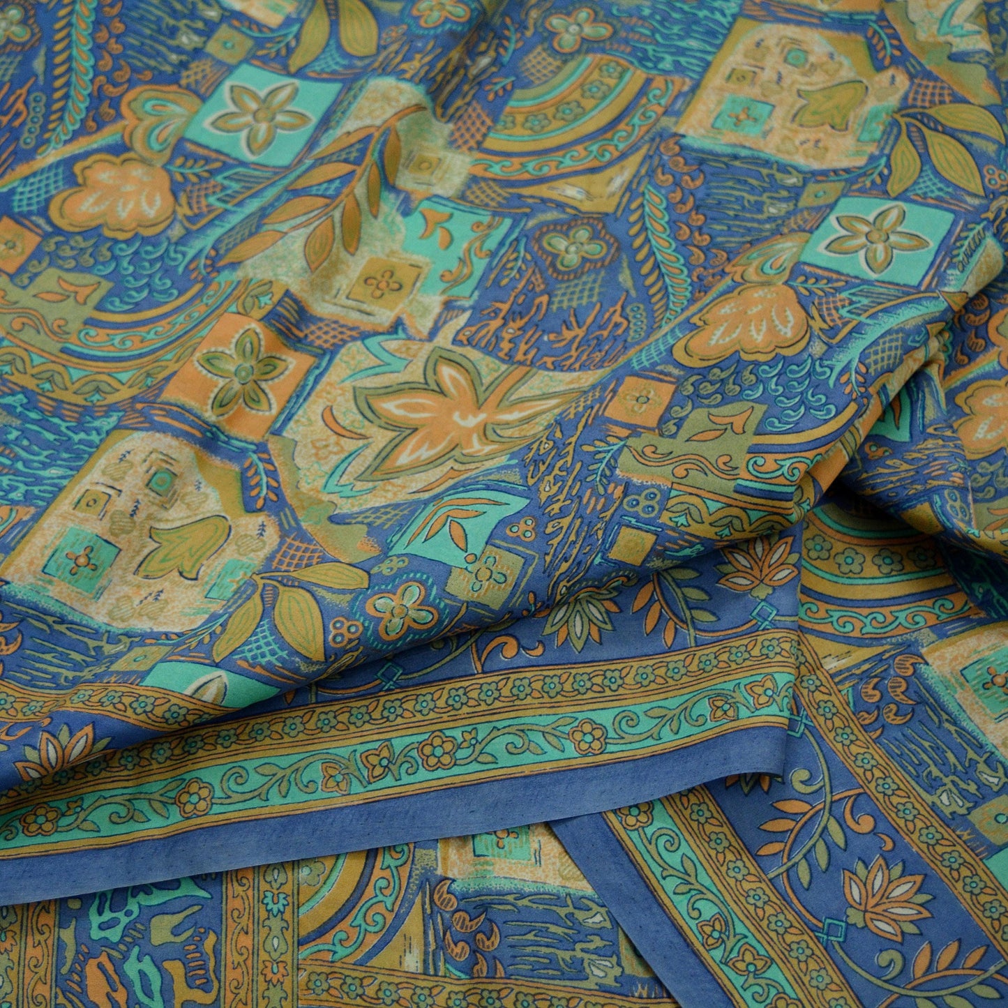 Indian Vintage Sari Beige & Blue Pure Silk Printed Sarees Craft Fabric 6yd Sewing Dress Making Soft Floral Crafting Quilting Upcycle