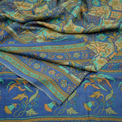 Indian Vintage Sari Beige & Blue Pure Silk Printed Sarees Craft Fabric 6yd Sewing Dress Making Soft Floral Crafting Quilting Upcycle