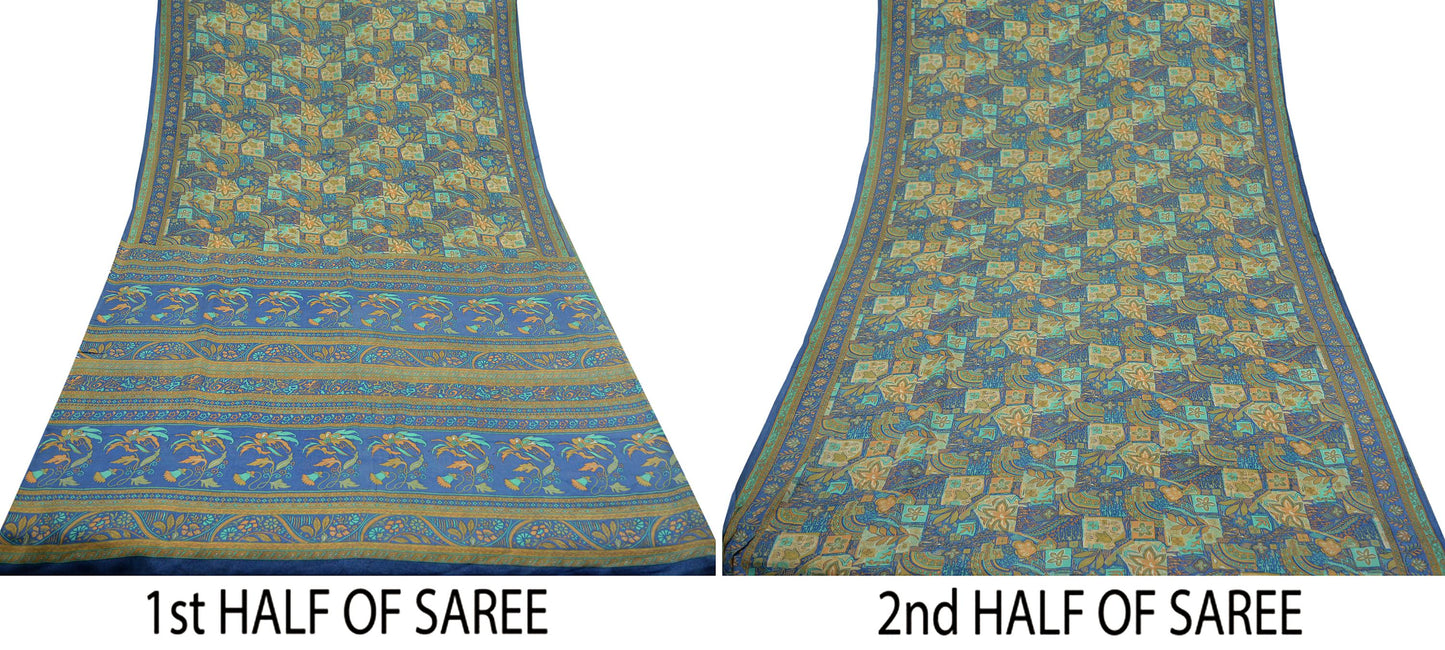 Indian Vintage Sari Beige & Blue Pure Silk Printed Sarees Craft Fabric 6yd Sewing Dress Making Soft Floral Crafting Quilting Upcycle