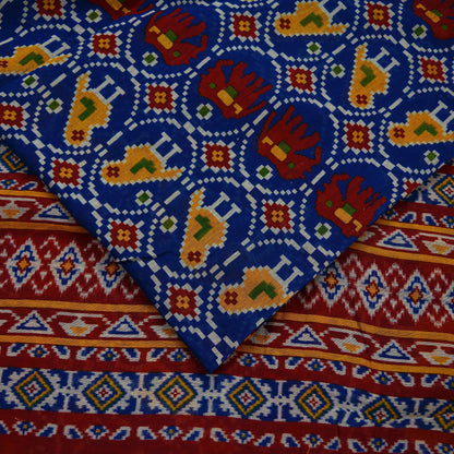 Indian Vintage Sari Red & Blue Ikat Printed 100% Pure Cotton Saree Craft Fabric 5Yd Zari Border Sewing Sarong Boho Dress making Quilting