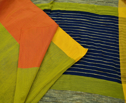 Indian Vintage Sari neon Green & Blue Cotton Hand Woven Sarees Craft Fabric 5Yd Floral Soft Dress making Quilting Crafting Upcycle Fringes