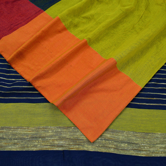 Indian Vintage Sari neon Green & Blue Cotton Hand Woven Sarees Craft Fabric 5Yd Floral Soft Dress making Quilting Crafting Upcycle Fringes