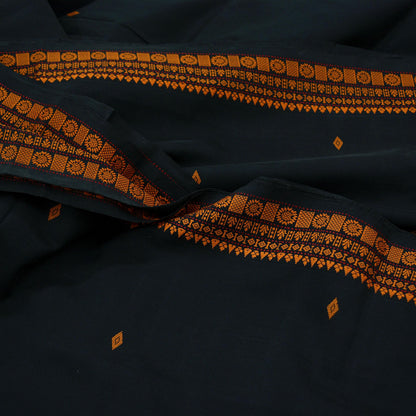Indian Vintage Sari Mustard & Black Pure Cotton Hand Woven Baluchari Saree Craft Fabric 5yd Ethnic Humans Fringes Crafting Upcycle Quilting