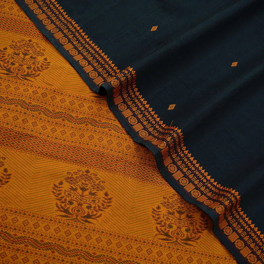 Indian Vintage Sari Mustard & Black Pure Cotton Hand Woven Baluchari Saree Craft Fabric 5yd Ethnic Humans Fringes Crafting Upcycle Quilting