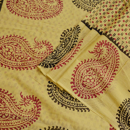 Indian Vintage Sari Beige Pure Cotton Hand Block Printed Sarees 5Yd Craft Fabric Soft Sewing Sarong Dress Making Quilting Crafting Upcycle