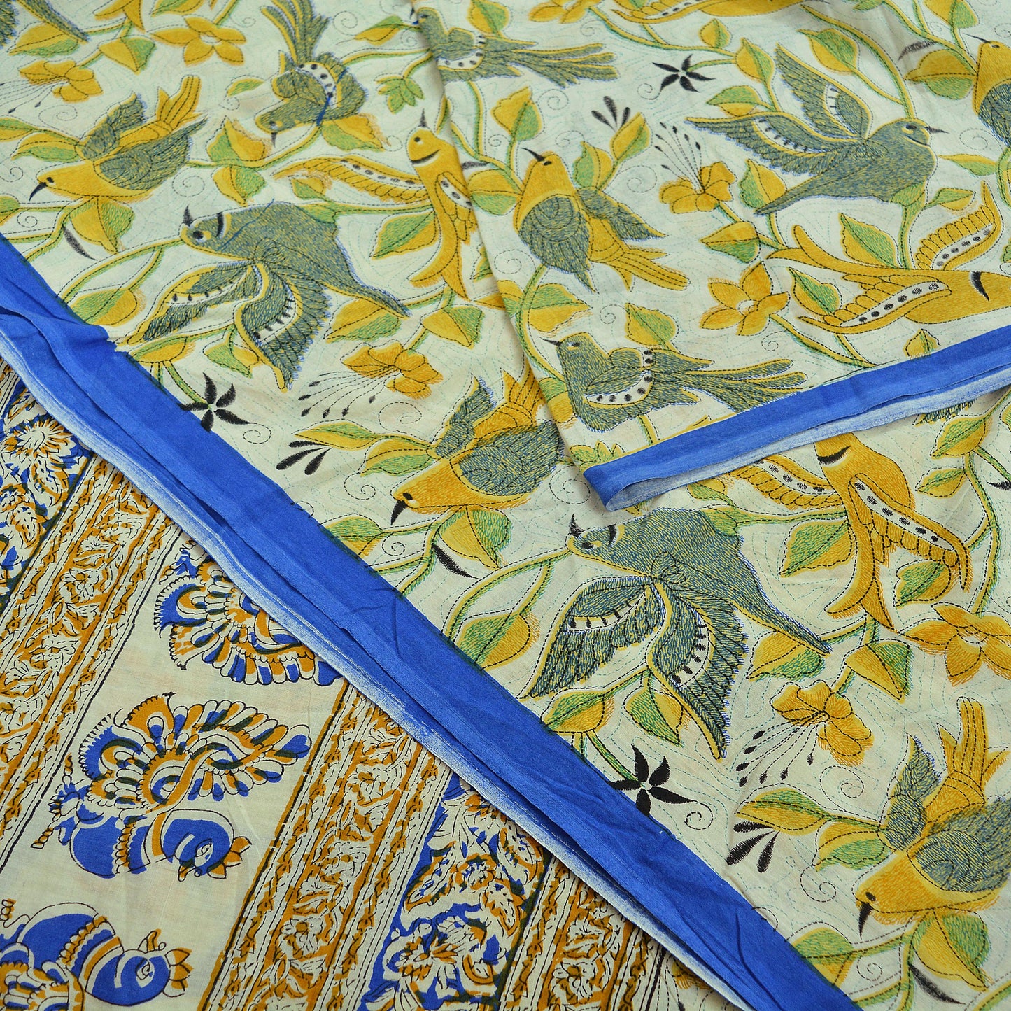Indian Vintage Saree Ivory Block Printed Pure Cotton Sari Craft Fabric Soft 5Yd Sarong Wrap Peacock Floral Dress Making Quilting Crafting