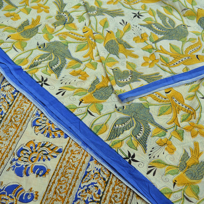 Indian Vintage Saree Ivory Block Printed Pure Cotton Sari Craft Fabric Soft 5Yd Sarong Wrap Peacock Floral Dress Making Quilting Crafting