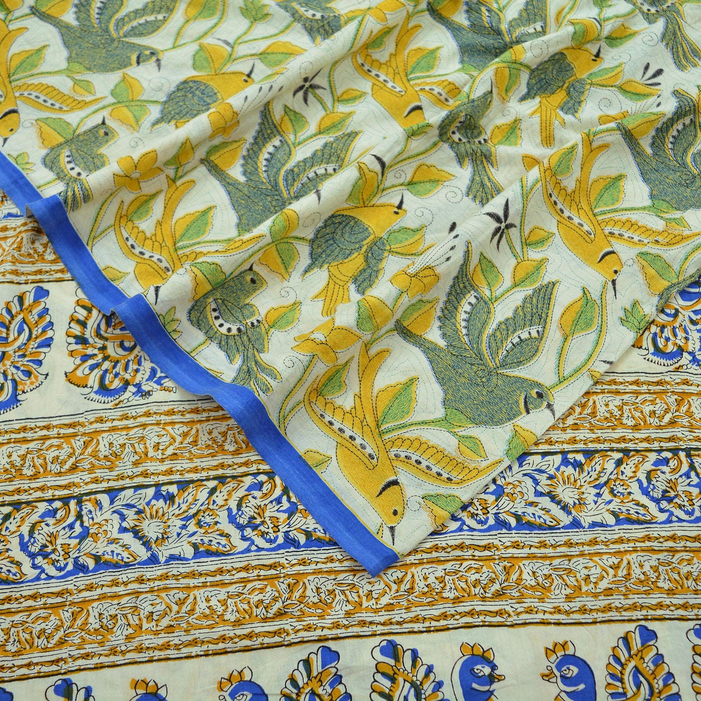 Indian Vintage Saree Ivory Block Printed Pure Cotton Sari Craft Fabric Soft 5Yd Sarong Wrap Peacock Floral Dress Making Quilting Crafting