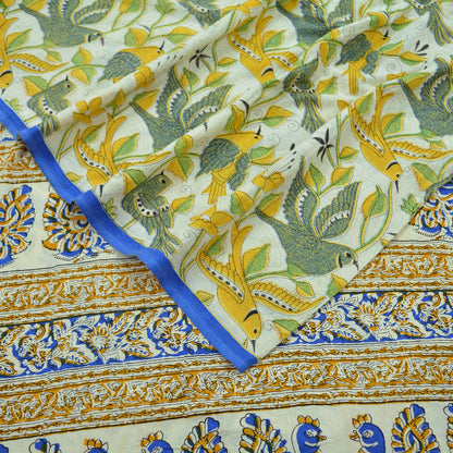 Indian Vintage Saree Ivory Block Printed Pure Cotton Sari Craft Fabric Soft 5Yd Sarong Wrap Peacock Floral Dress Making Quilting Crafting