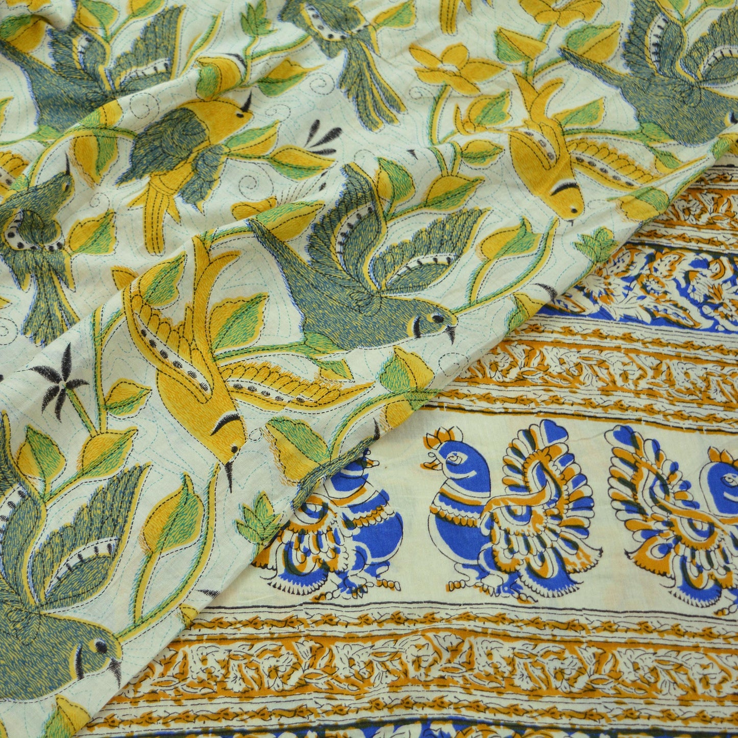 Indian Vintage Saree Ivory Block Printed Pure Cotton Sari Craft Fabric Soft 5Yd Sarong Wrap Peacock Floral Dress Making Quilting Crafting