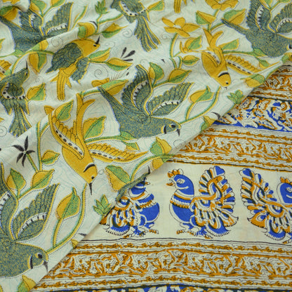 Indian Vintage Saree Ivory Block Printed Pure Cotton Sari Craft Fabric Soft 5Yd Sarong Wrap Peacock Floral Dress Making Quilting Crafting