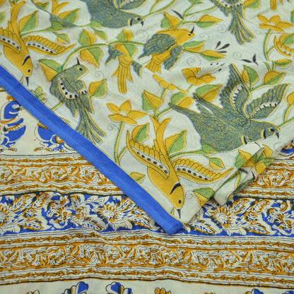 Indian Vintage Saree Ivory Block Printed Pure Cotton Sari Craft Fabric Soft 5Yd Sarong Wrap Peacock Floral Dress Making Quilting Crafting