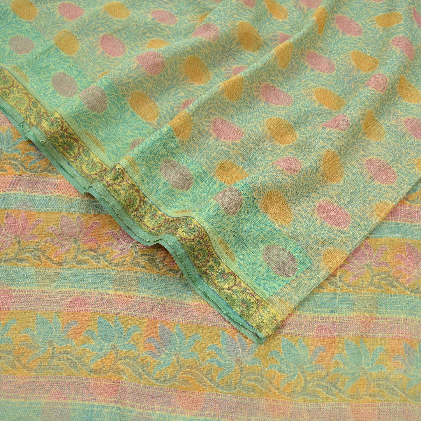 Indian Vintage Sari Beige & Green Cotton Hand Woven printed Sarees 5Yd Craft Fabric Sewing Sarong Dress Making Quilting Crafting Upcycle