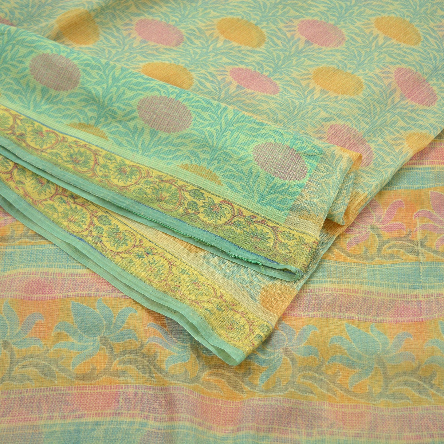 Indian Vintage Sari Beige & Green Cotton Hand Woven printed Sarees 5Yd Craft Fabric Sewing Sarong Dress Making Quilting Crafting Upcycle