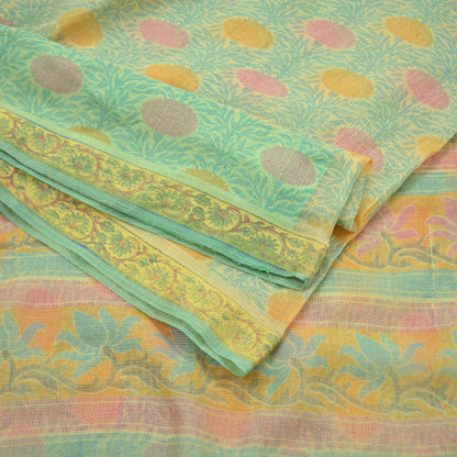 Indian Vintage Sari Beige & Green Cotton Hand Woven printed Sarees 5Yd Craft Fabric Sewing Sarong Dress Making Quilting Crafting Upcycle