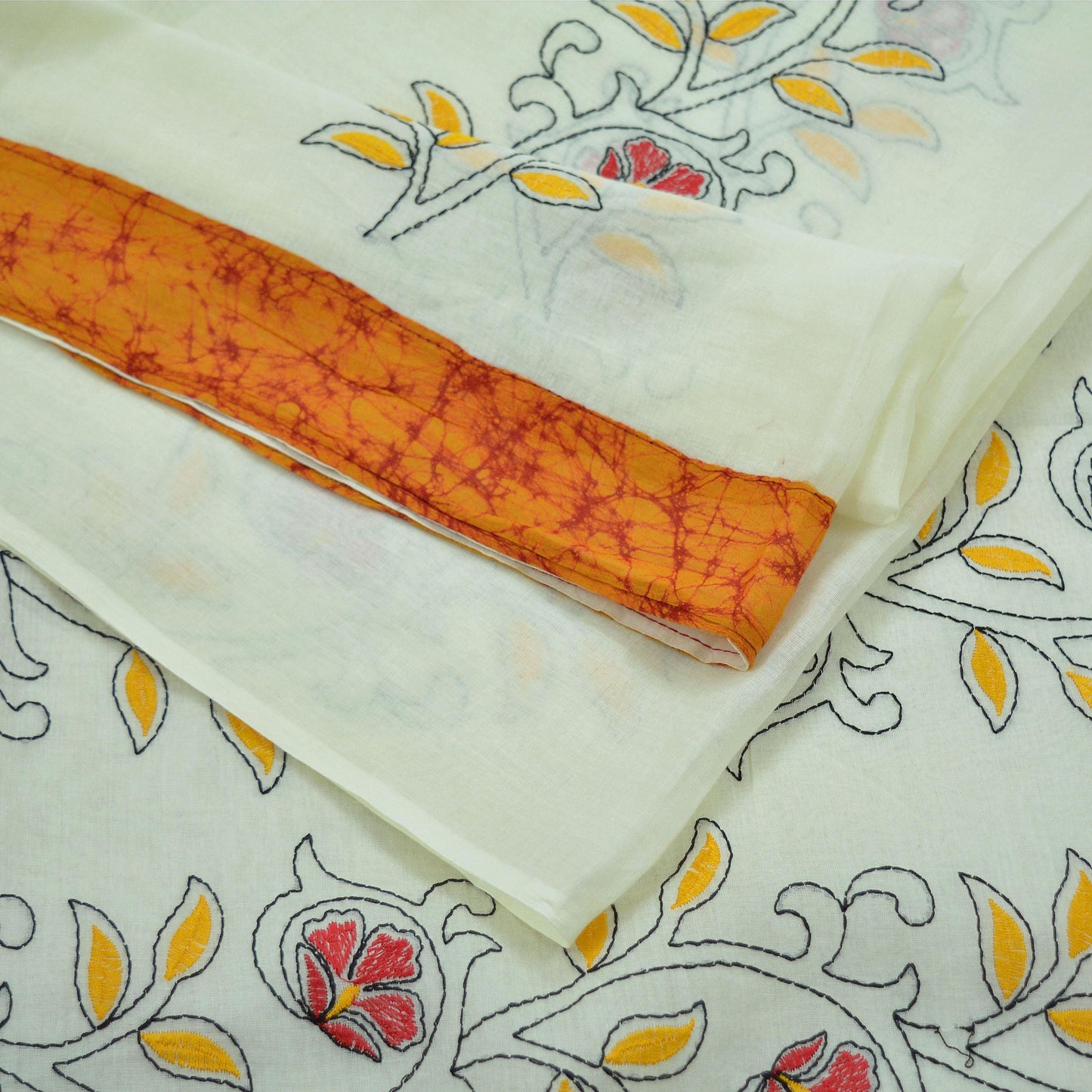 Indian Vintage Saree White Pure Cotton Hand Embroidered Sari 5yd Ethnic Soft Floral Craft Fabric Dress Making Crafting Quilting Upcycle