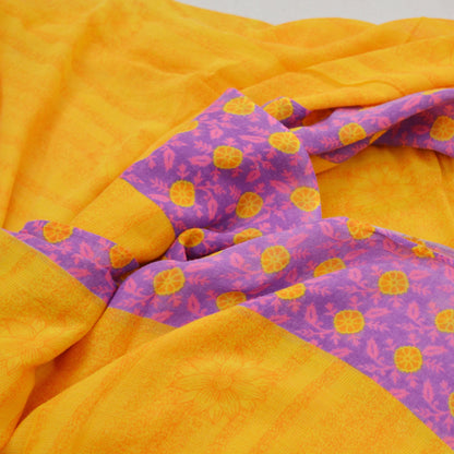 Indian Vintage Sari Purple & yellow Printed Sarees Pure Cotton Craft Fabric 5Yd Soft Sewing Sarong Wrap Boho Upcycle Quilting Crafting Used