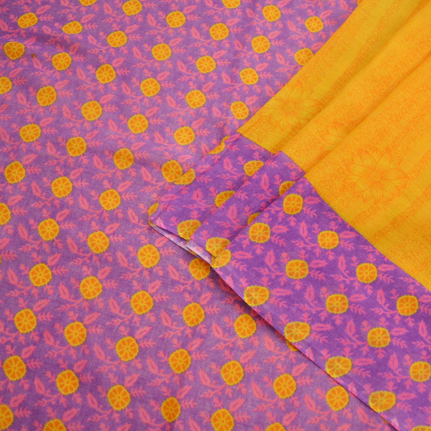 Indian Vintage Sari Purple & yellow Printed Sarees Pure Cotton Craft Fabric 5Yd Soft Sewing Sarong Wrap Boho Upcycle Quilting Crafting Used