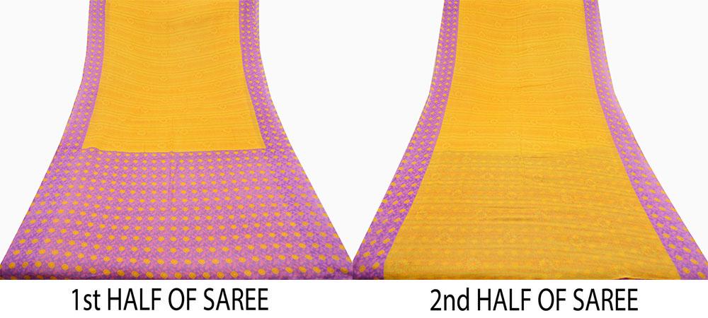 Indian Vintage Sari Purple & yellow Printed Sarees Pure Cotton Craft Fabric 5Yd Soft Sewing Sarong Wrap Boho Upcycle Quilting Crafting Used