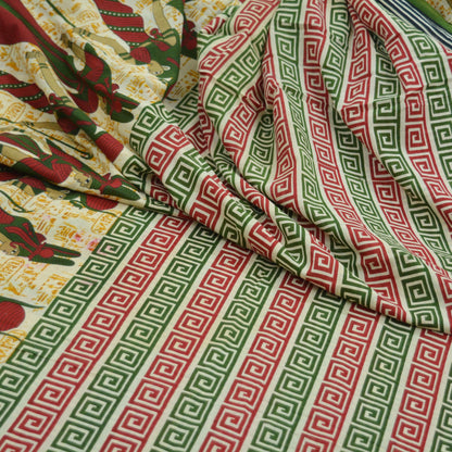 Indian Vintage Sari Beige & Green Pure Cotton Printed Sarees Craft Fabric Soft 5Yd Sarong Wrap Boho Fabric Kimono Quilting Crafting Upcycle