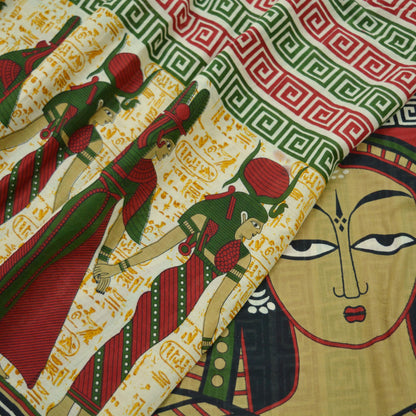 Indian Vintage Sari Beige & Green Pure Cotton Printed Sarees Craft Fabric Soft 5Yd Sarong Wrap Boho Fabric Kimono Quilting Crafting Upcycle