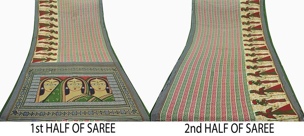 Indian Vintage Sari Beige & Green Pure Cotton Printed Sarees Craft Fabric Soft 5Yd Sarong Wrap Boho Fabric Kimono Quilting Crafting Upcycle