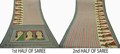 Indian Vintage Sari Beige & Green Pure Cotton Printed Sarees Craft Fabric Soft 5Yd Sarong Wrap Boho Fabric Kimono Quilting Crafting Upcycle