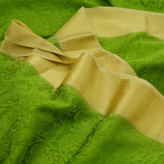 Indian Vintage Sari Green & Beige Pure Crepe Silk Hand Woven Sarees 5yd Sewing Craft Fabric Zari Border Dress making Crafting Quilting