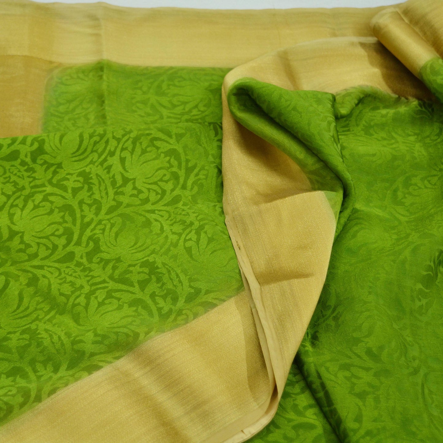 Indian Vintage Sari Green & Beige Pure Crepe Silk Hand Woven Sarees 5yd Sewing Craft Fabric Zari Border Dress making Crafting Quilting