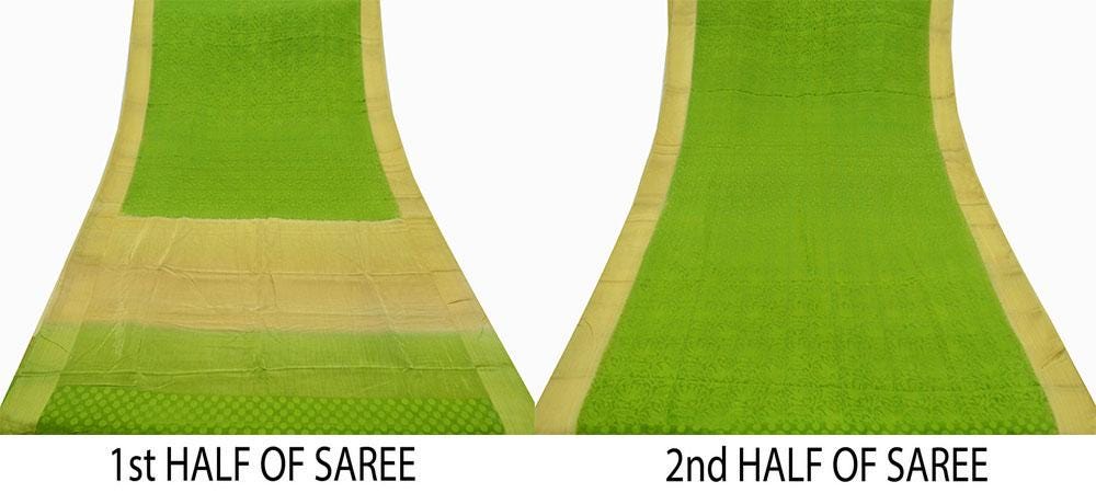 Indian Vintage Sari Green & Beige Pure Crepe Silk Hand Woven Sarees 5yd Sewing Craft Fabric Zari Border Dress making Crafting Quilting