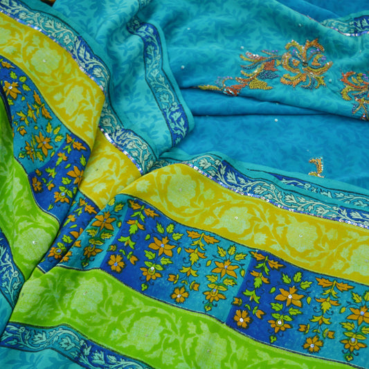 Indian Vintage Sari Blue Pure Crepe Silk Hand Embroidered Saree 5yd Sewing Floral Craft Fabric Sequins Dress making Crafting Quilting