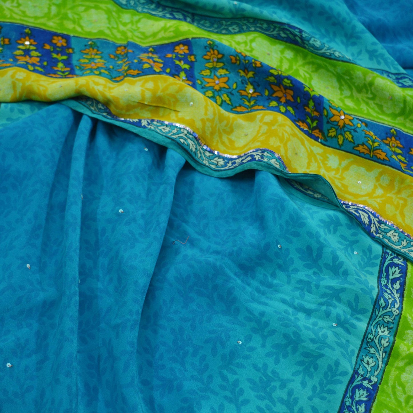 Indian Vintage Sari Blue Pure Crepe Silk Hand Embroidered Saree 5yd Sewing Floral Craft Fabric Sequins Dress making Crafting Quilting